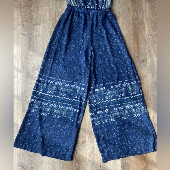 Aqua Navy Blue Boho Wide Leg Jumpsuit Women’s Size Small Flutter Sleeve - Picture 2 of 5